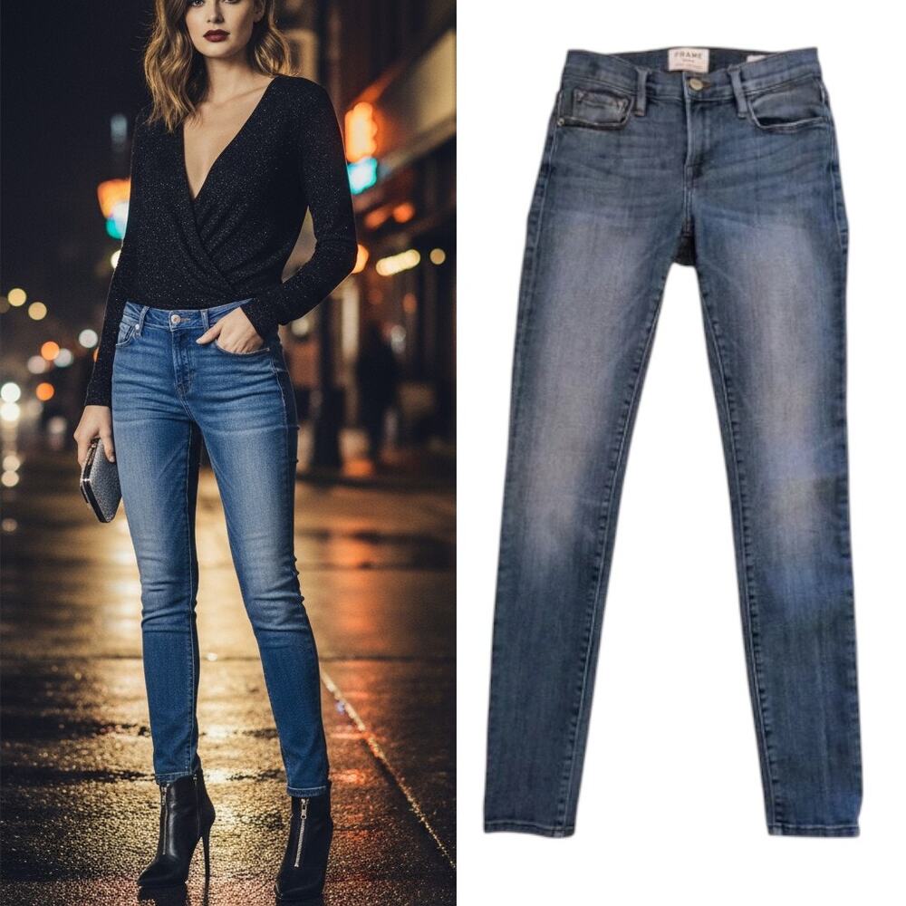 Frame Jeans Women's Size 23 Le Gargon Skinny Mid Rise Medium Wash Blue Denim